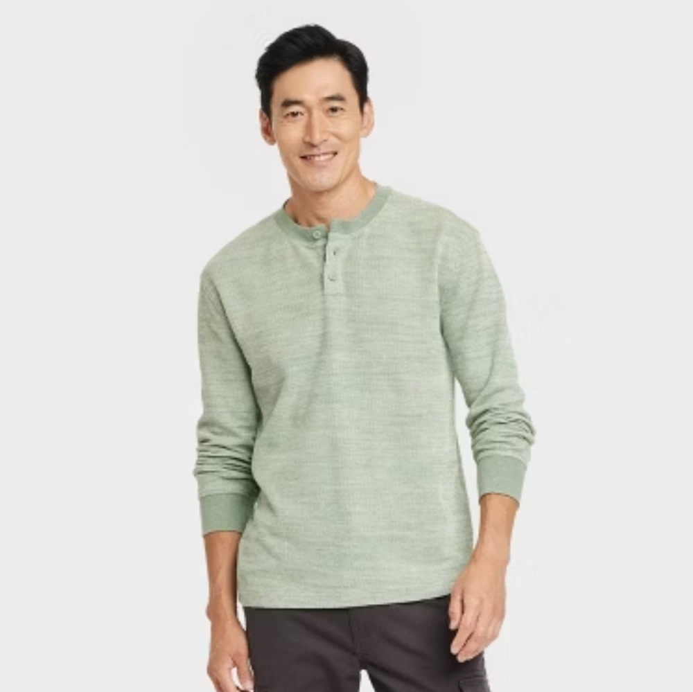 NWT Goodfellow & Co. Men's Long Sleeve Textured Henley T-Shirt - Sage Green M - Picture 2 of 6